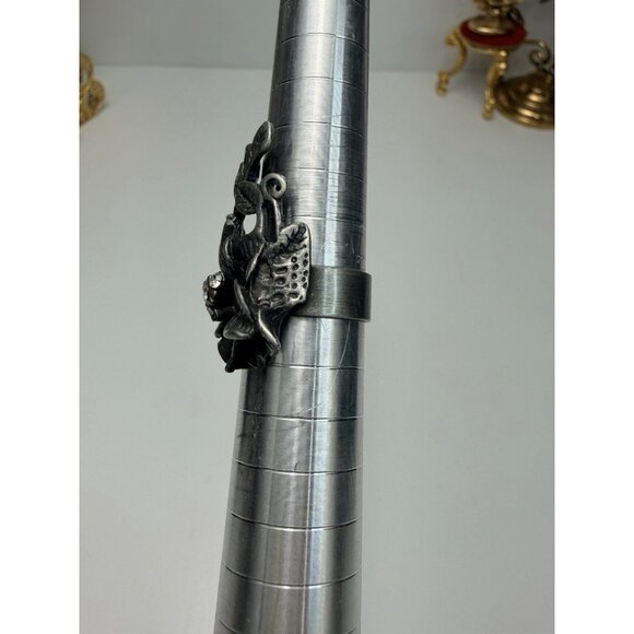 Vtg Art Nouveau Statement Ring Large Silver Leaves Rhinestone Runway Sz 6 - Picture 8 of 10